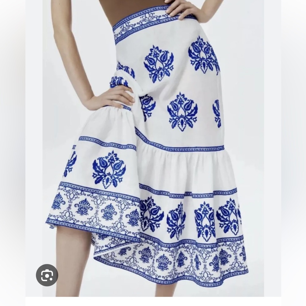 White and Blue Embroidered Zara Skirt